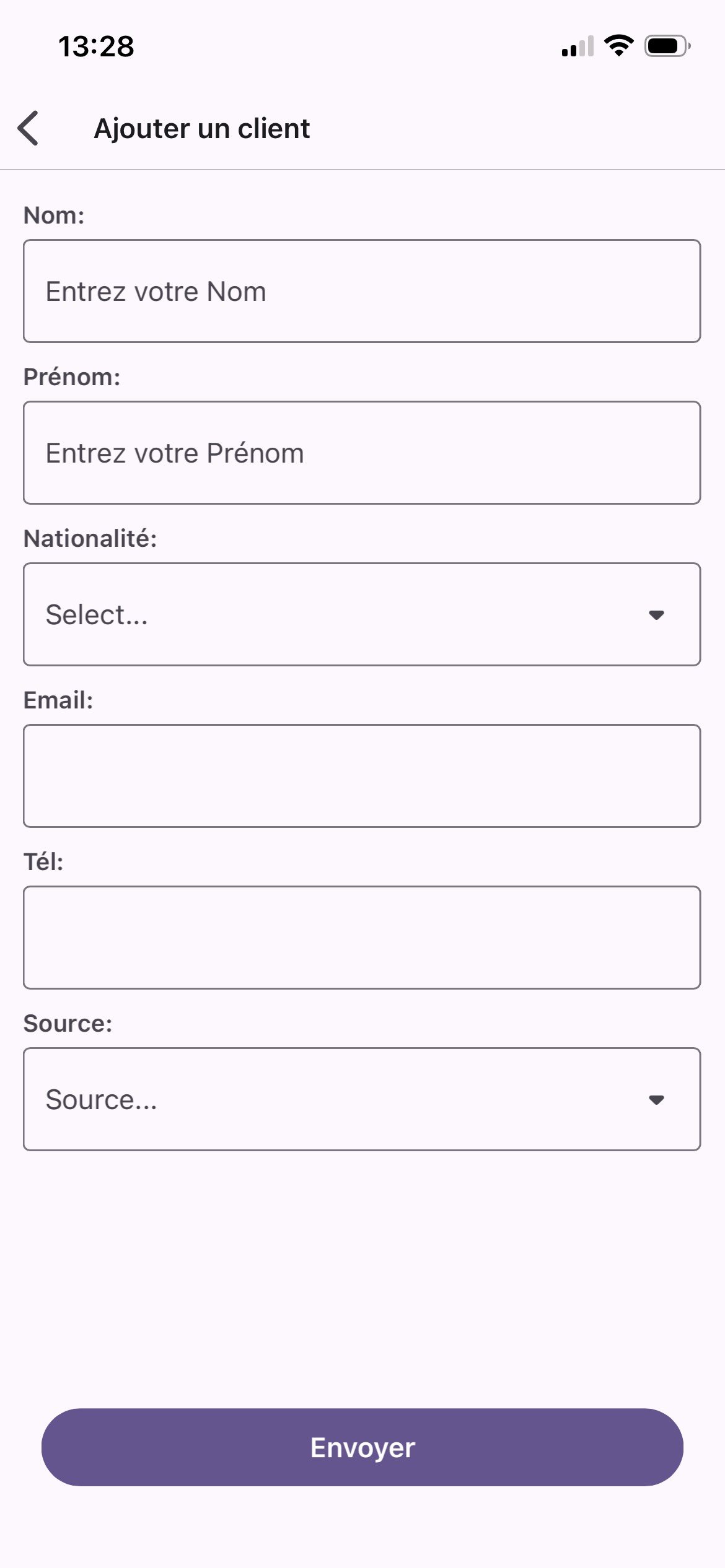 Formulaire ajout client — nom, prénom, nationalité, email, téléphone, source