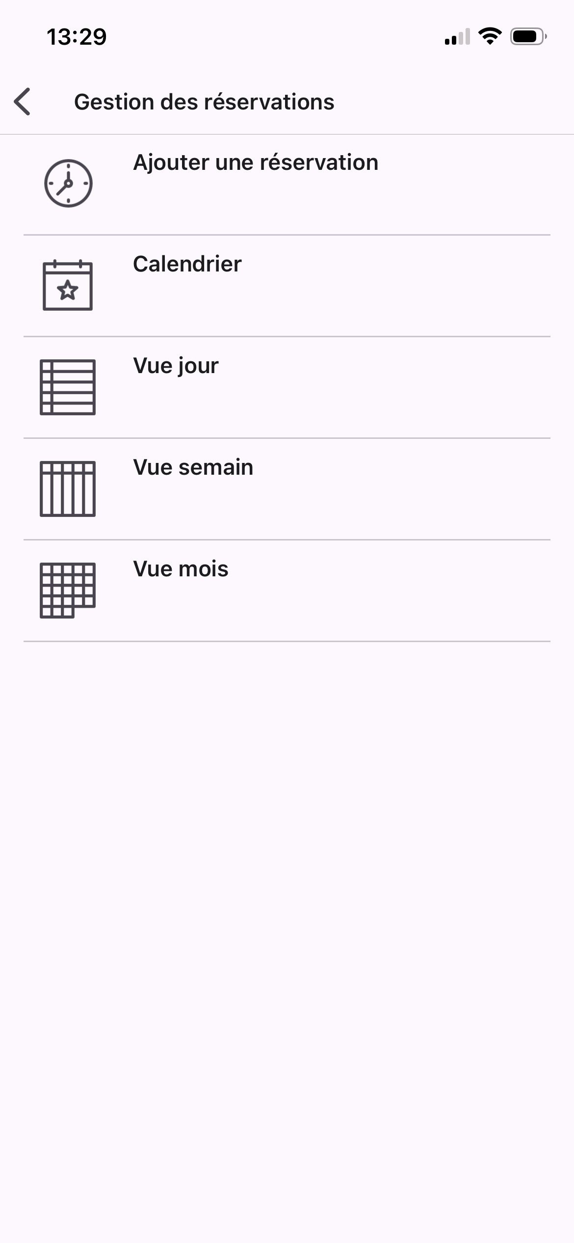 Menu gestion des réservations — options ajout, calendrier, vues jour et semaine