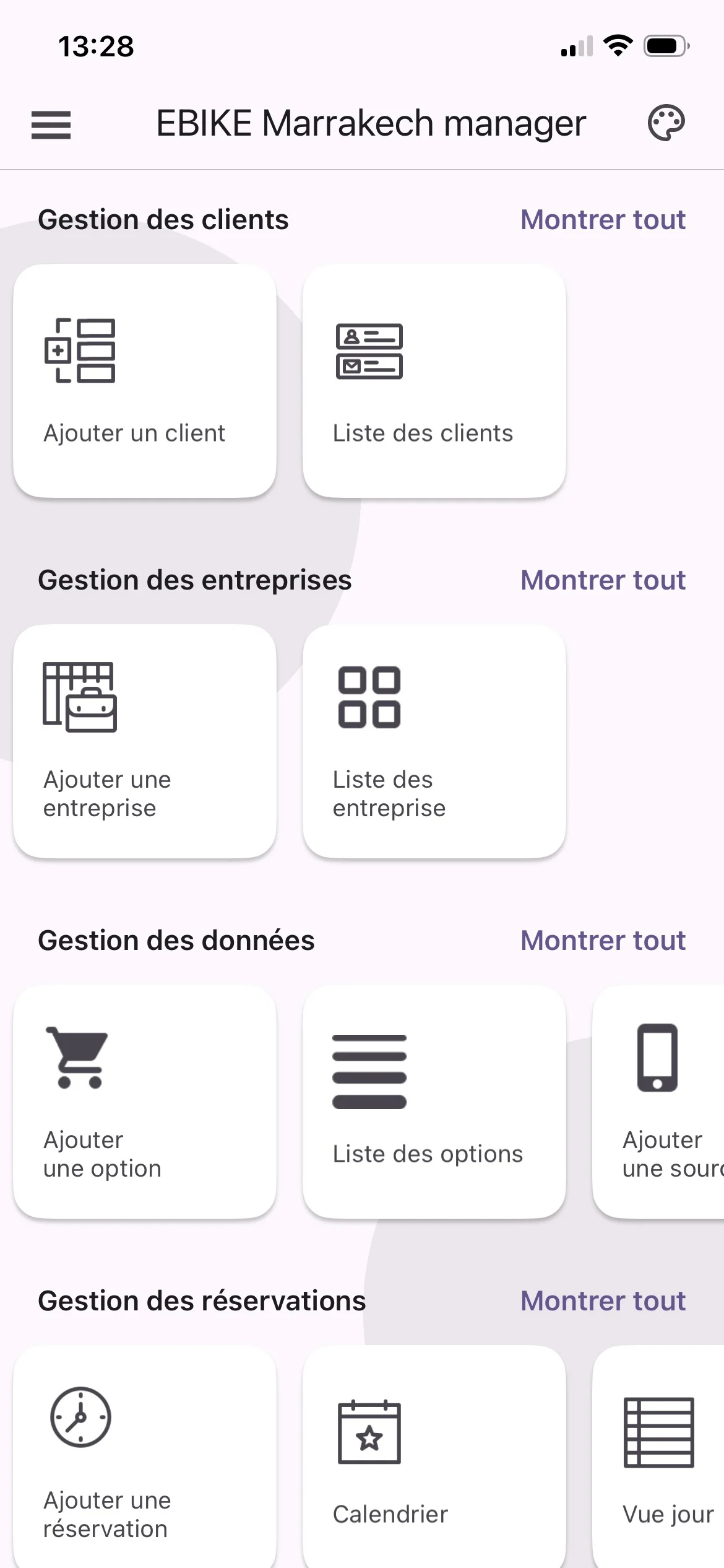 Application mobile sur mesure — tableau de bord EBIKE Marrakech Manager développé par Search Media