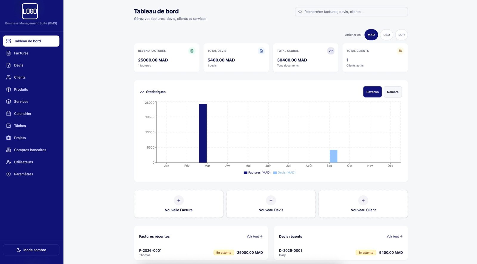 Application web de gestion d'entreprise développée par Search Media — facturation, tâches, statistiques et calendrier